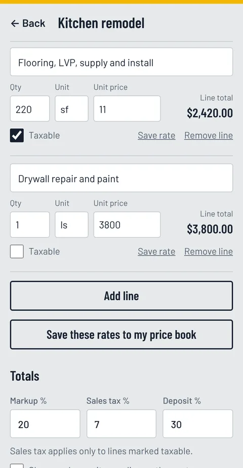 Tapeline quote screen with line items, quantities and unit prices
