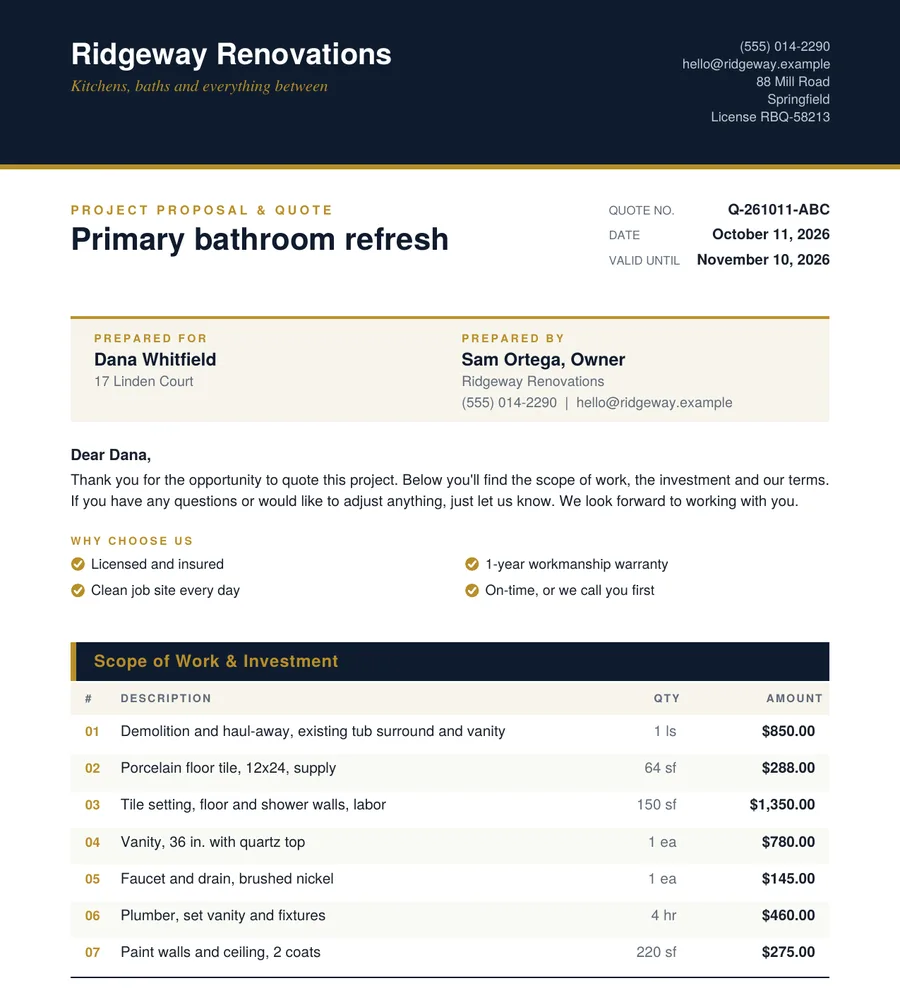 Example quote PDF for a bathroom refresh, with a navy letterhead, client details, a why choose us list and a numbered scope of work